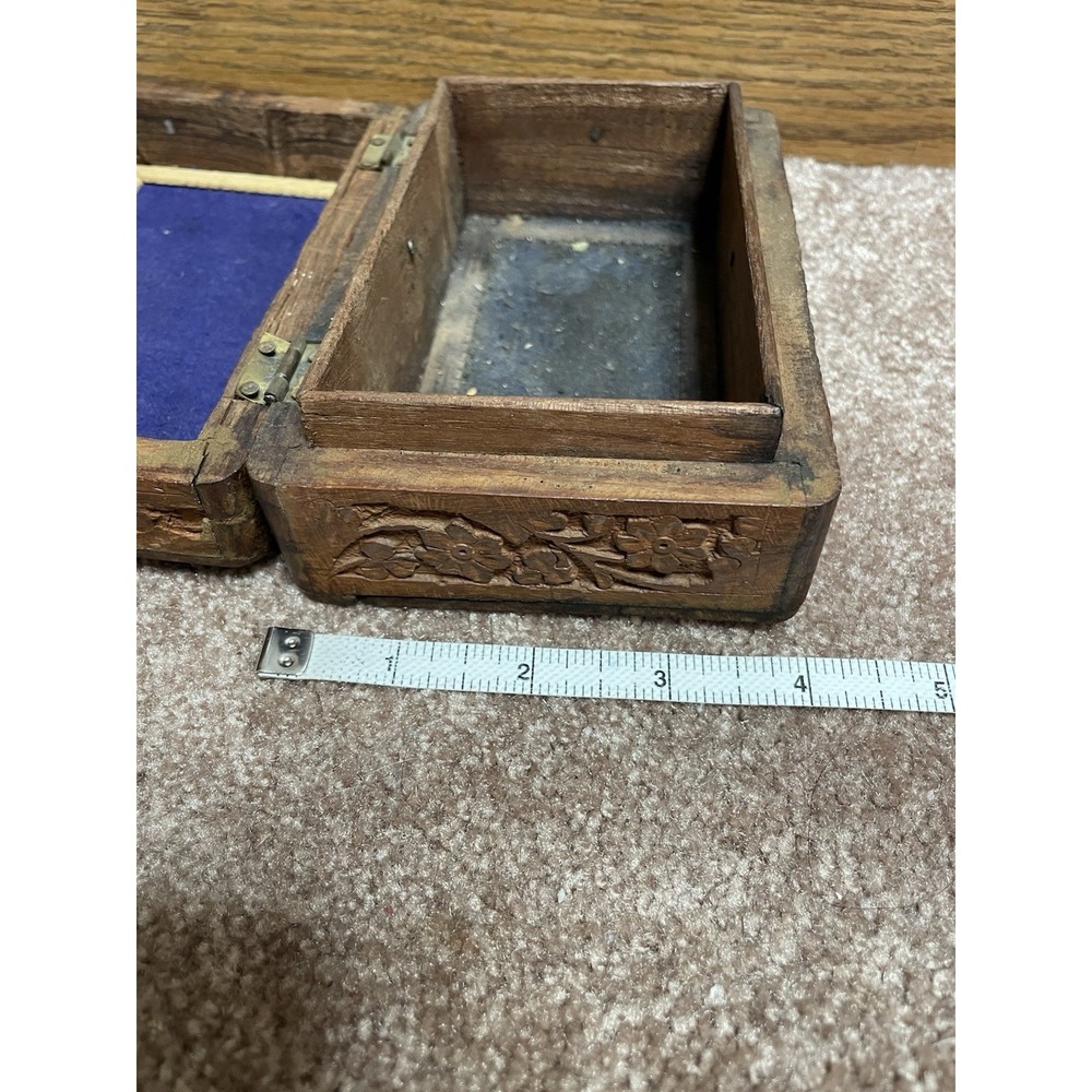 VTG Wooden Hand Carved Jewelry Trinket Box Hinged Lid Made India Inlaid Felt 70 - Picture 7 of 10